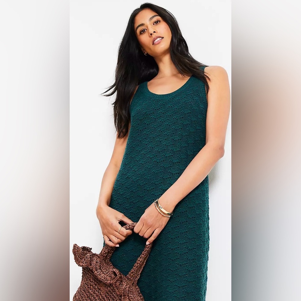 LOFT Pointelle Mini Sweater Dress in Emerald, XS, NEW WITH TAGS